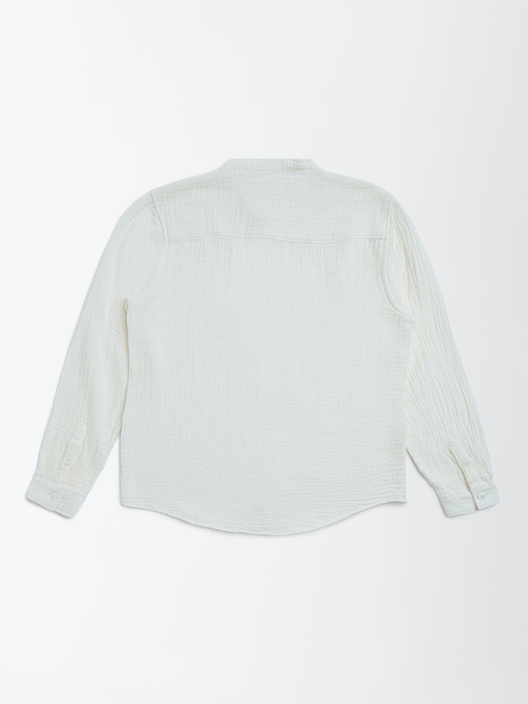 Y&F Kids Off-White Crinkle-Textured Resort-Fit Cotton Shirt