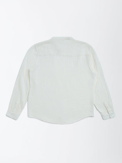 Y&F Kids Off-White Crinkle-Textured Resort-Fit Cotton Shirt