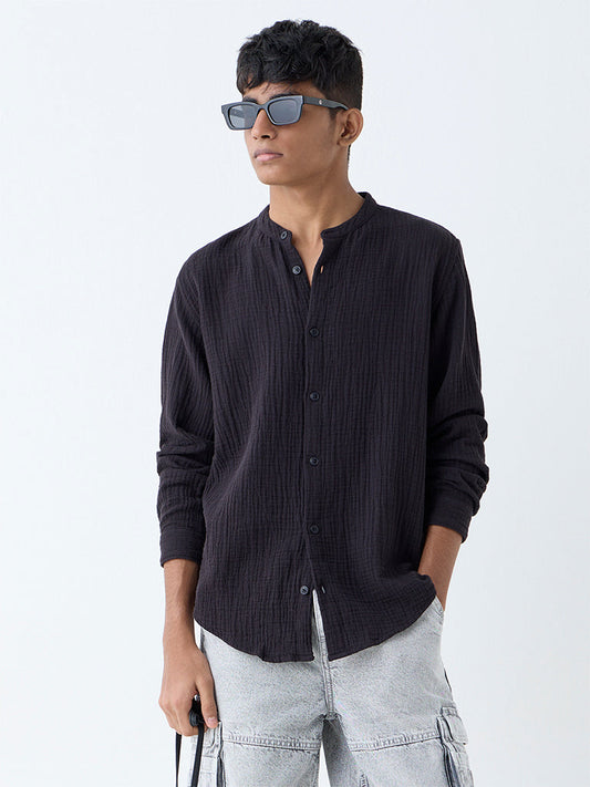 Y&F Kids Black Crinkle Textured Resort-Fit Cotton Shirt