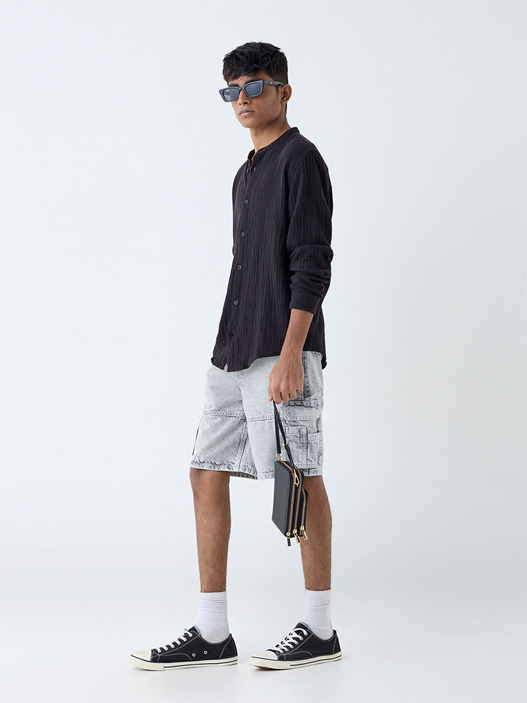 Y&F Kids Black Crinkle Textured Resort-Fit Cotton Shirt