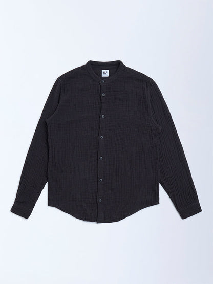 Y&F Kids Black Crinkle Textured Resort-Fit Cotton Shirt