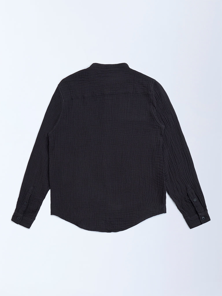 Y&F Kids Black Crinkle Textured Resort-Fit Cotton Shirt