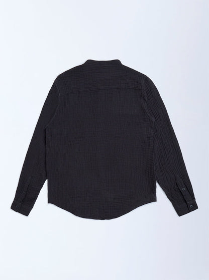 Y&F Kids Black Crinkle Textured Resort-Fit Cotton Shirt