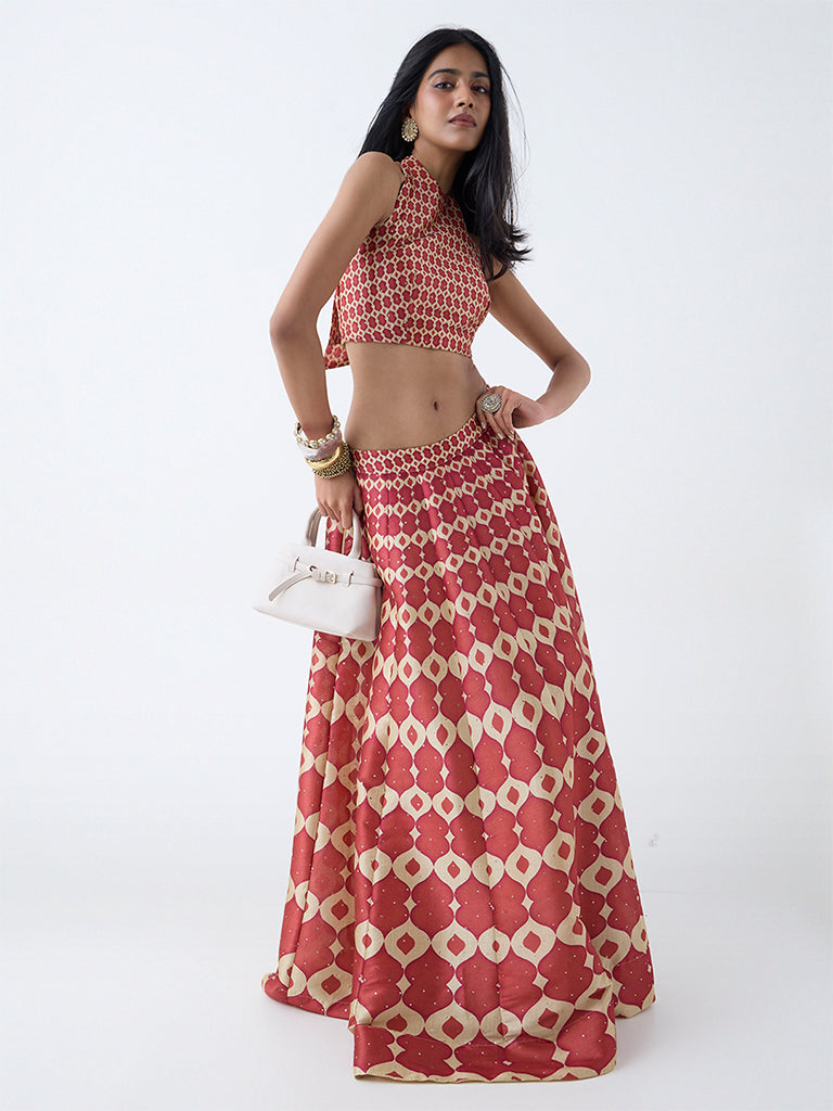 Vark Red Printed Halter-Neck Ethnic Top