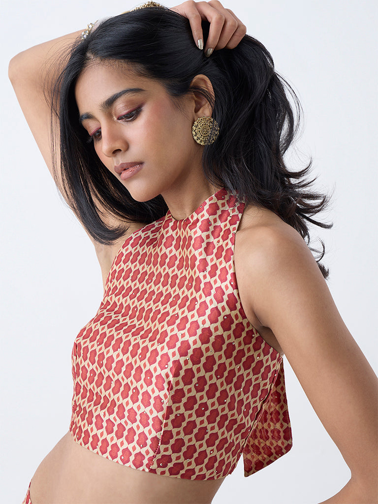 Vark Red Printed Halter-Neck Ethnic Top