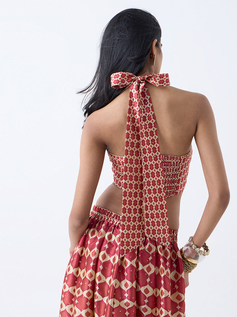 Vark Red Printed Halter-Neck Ethnic Top
