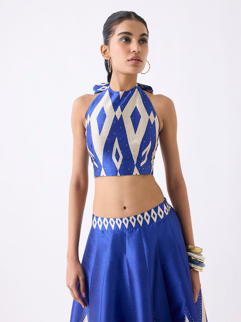 Vark Blue Geometric Design Halter Neck Top