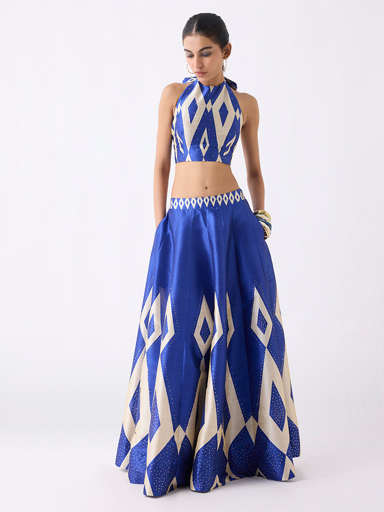 Vark Blue Geometric Design Halter Neck Top