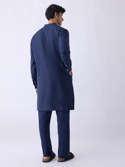 Mens Ethnicwear Navy Relaxed-Fit Cotton-Blend Kurta