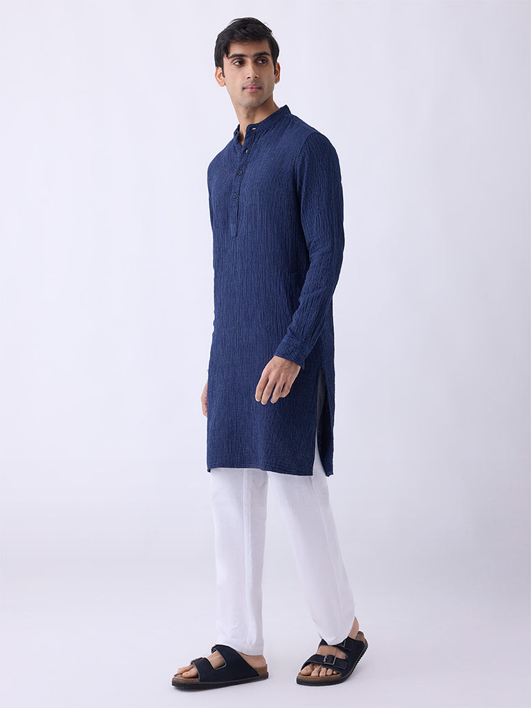 Mens Ethnicwear Indigo Striped Relaxed-Fit Cotton Kurta