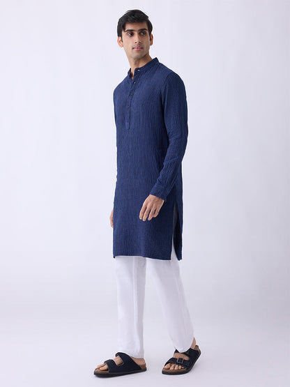 Mens Ethnicwear Indigo Striped Relaxed-Fit Cotton Kurta