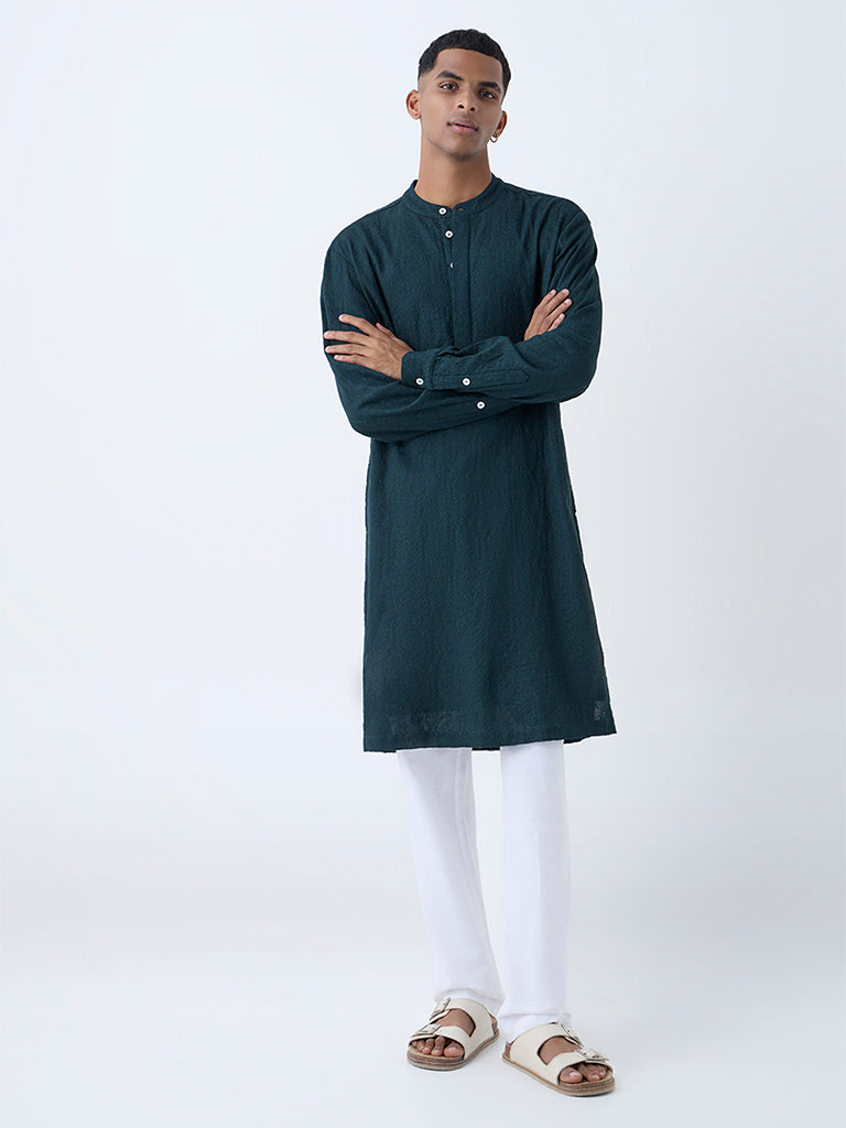 Mens Ethnicwear Green Embroidered Relaxed-Fit Kurta