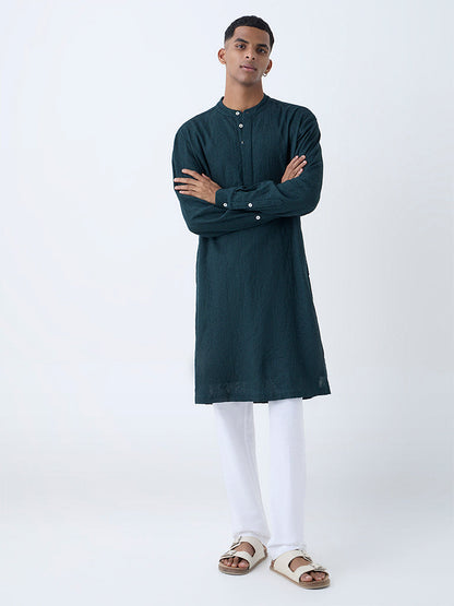 Mens Ethnicwear Green Embroidered Relaxed-Fit Kurta