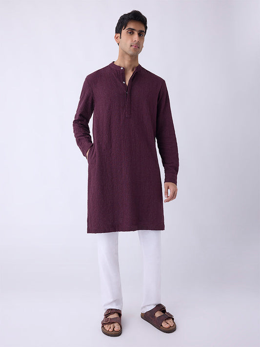 Mens Ethnicwear Wine Relaxed-Fit Cotton-Blend Kurta