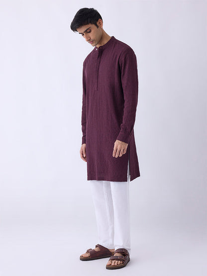 Mens Ethnicwear Wine Relaxed-Fit Cotton-Blend Kurta