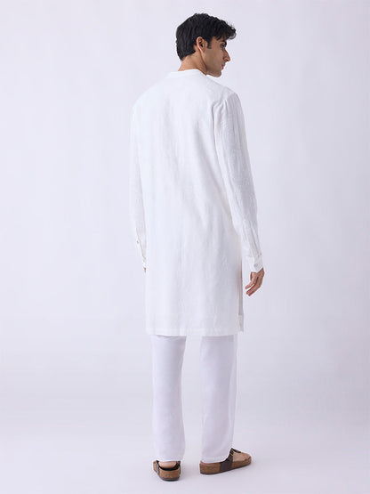 Mens Ethnicwear White Embroidered Relaxed-Fit Kurta