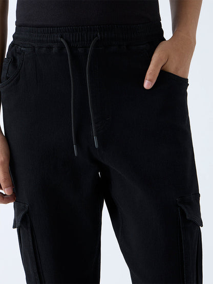 Nuon Black Relaxed-Fit Mid-Rise Cotton-Blend Cargo Pants