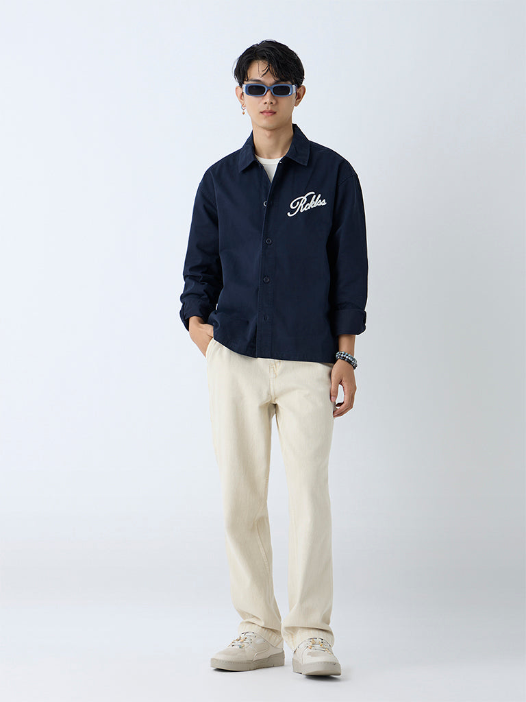 Nuon Navy Text Design Relaxed-Fit Cotton Shirt