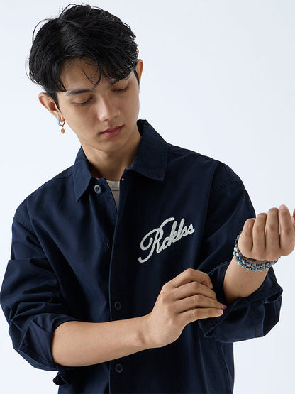 Nuon Navy Text Design Relaxed-Fit Cotton Shirt