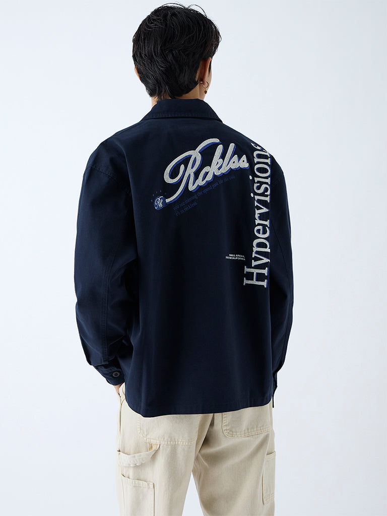 Nuon Navy Text Design Relaxed-Fit Cotton Shirt