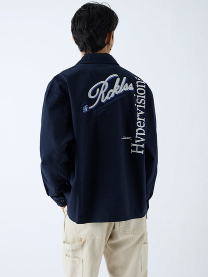 Nuon Navy Text Design Relaxed-Fit Cotton Shirt
