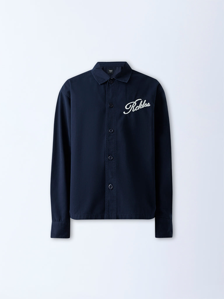 Nuon Navy Text Design Relaxed-Fit Cotton Shirt