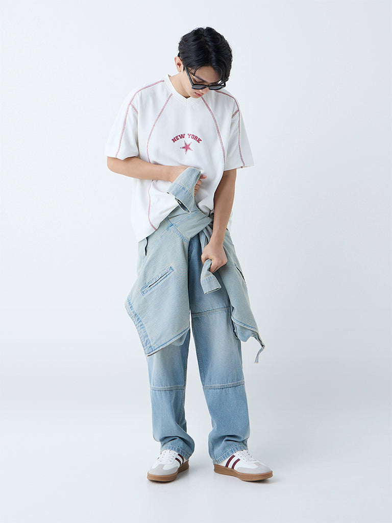 Nuon White Text Printed Relaxed-Fit T-Shirt