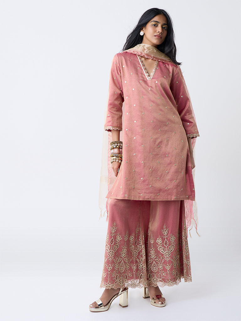 Vark Pink Sequin Embellished A-Line Ethnic Set