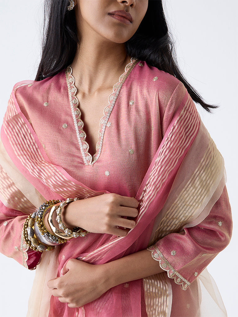 Vark Pink Sequin Embellished A-Line Ethnic Set