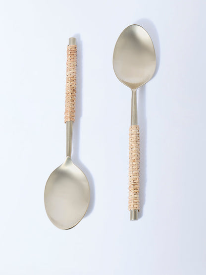 Westside Home Gold Rattan Weave Serving Spoons (Set of 2) - Festive Season Gift