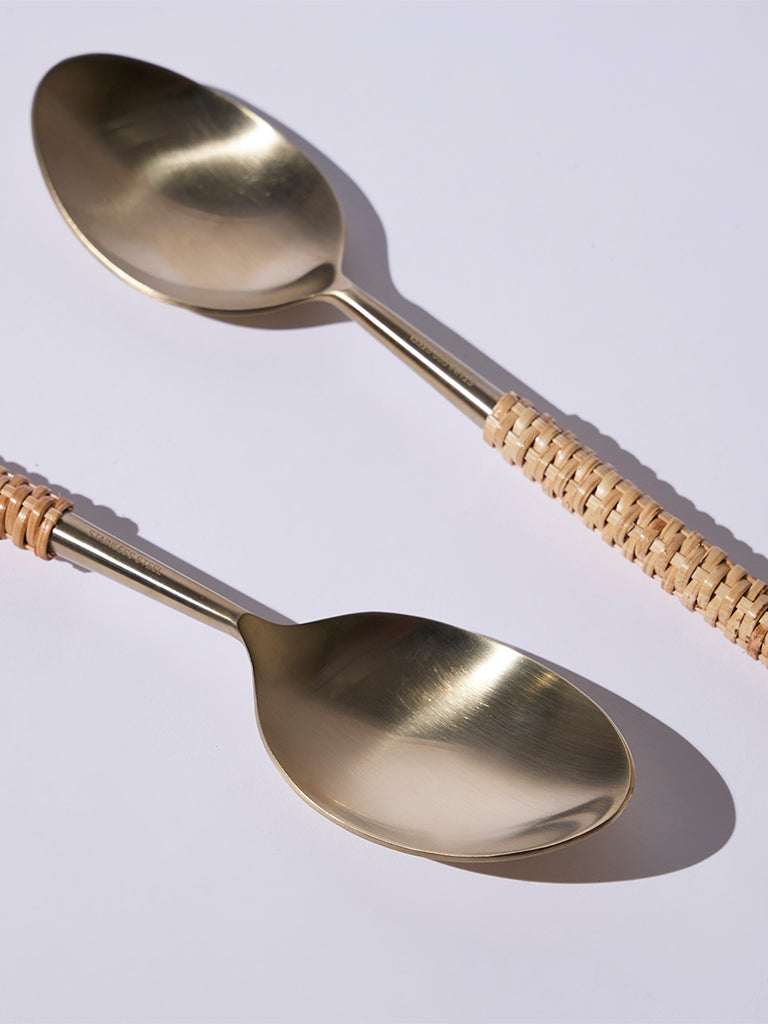 Westside Home Gold Rattan Weave Serving Spoons (Set of 2) - Festive Season Gift