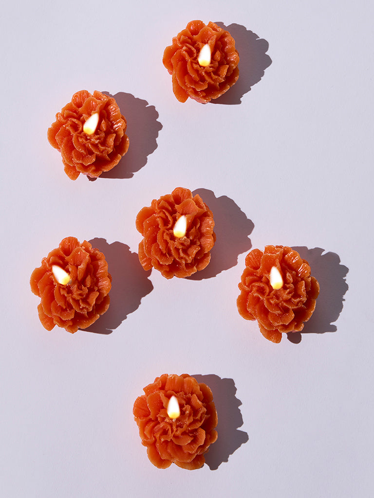 Westside Home Orange Lotus-Shaped Floating Candles (Set of 6) - Festive Season Gift