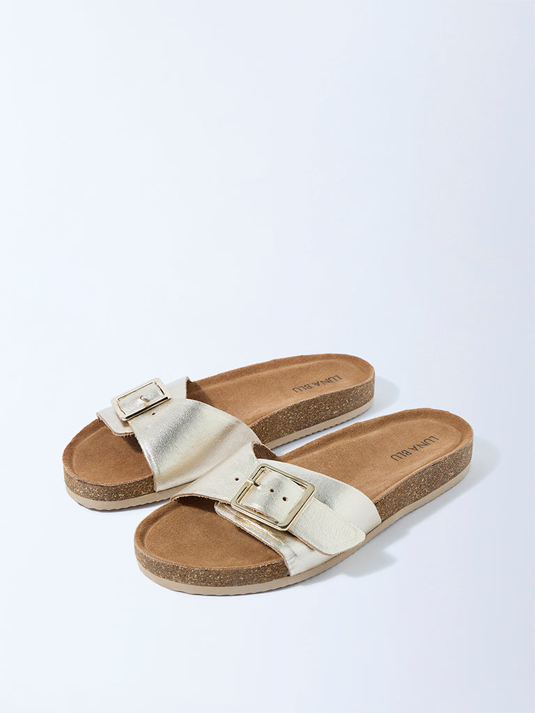 LUNA BLU Light Gold Buckle-Detailed Slip-On Sandals