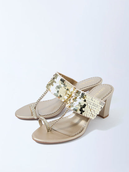 LUNA BLU Light Gold Sequin Embellished Kolhapuri Sandals