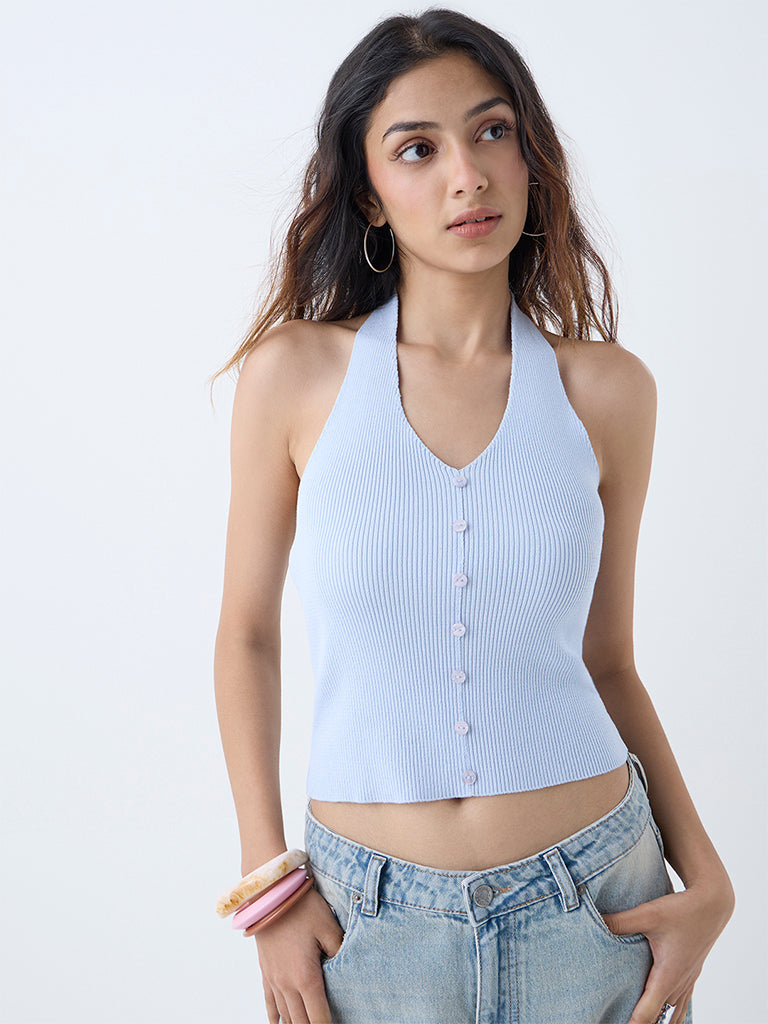 Nuon Light Blue Ribbed-Textured Top