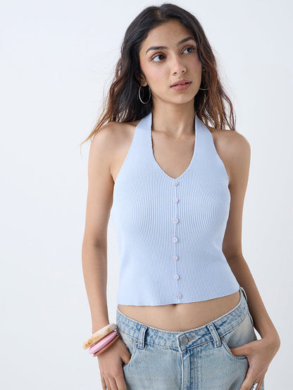 Nuon Light Blue Ribbed-Textured Top