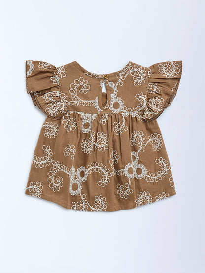 HOP Kids Brown Floral Embroidered Peplum Cotton Top