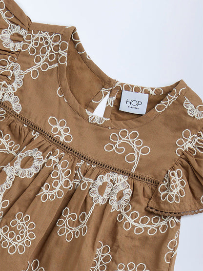 HOP Kids Brown Floral Embroidered Peplum Cotton Top