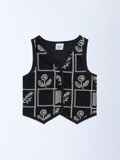 HOP Kids Black Floral Embroidered Cotton Vest Top