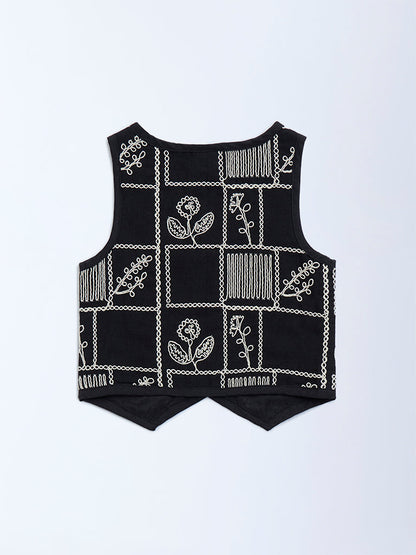 HOP Kids Black Floral Embroidered Cotton Vest Top