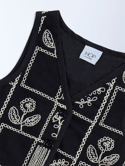 HOP Kids Black Floral Embroidered Cotton Vest Top