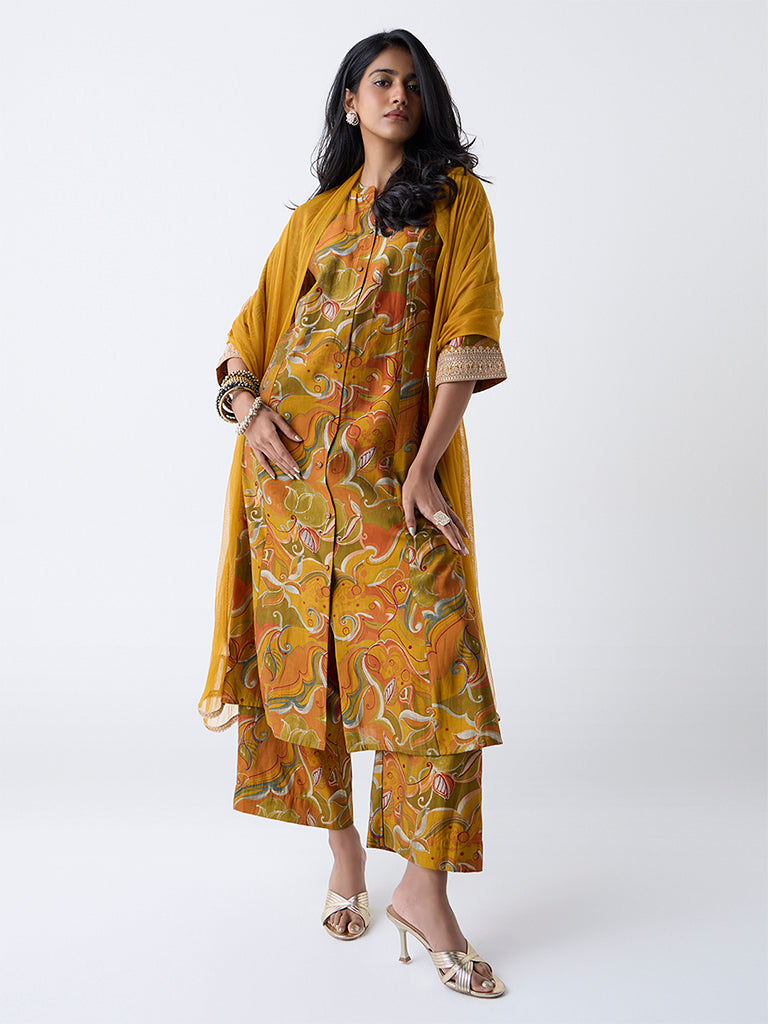 Vark Mustard Foliage Printed A-Line Ethnic Set