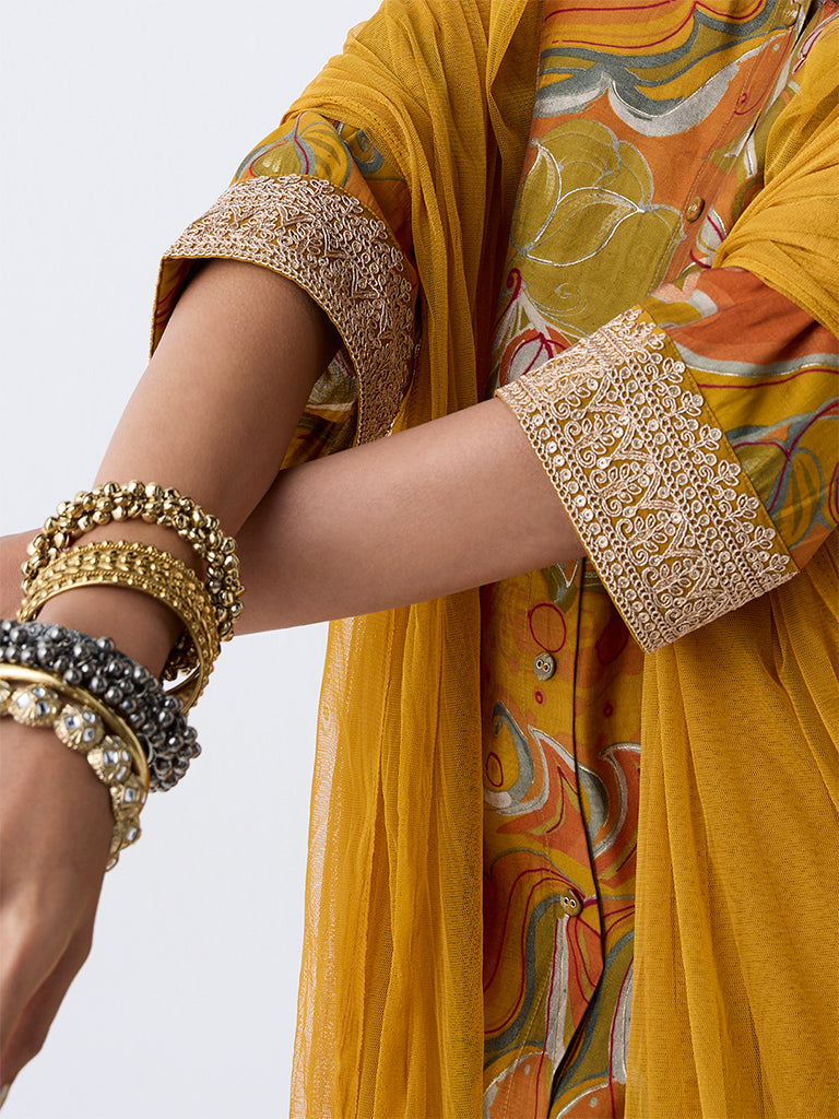 Vark Mustard Foliage Printed A-Line Ethnic Set