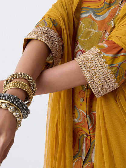 Vark Mustard Foliage Printed A-Line Ethnic Set