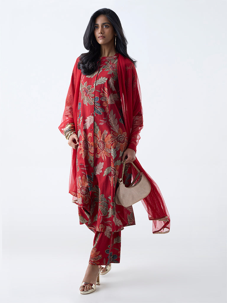 Vark Red Floral Pattern A-Line Ethnic Set