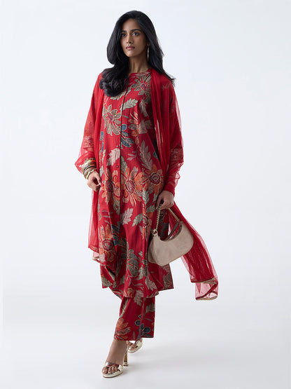 Vark Red Floral Pattern A-Line Ethnic Set