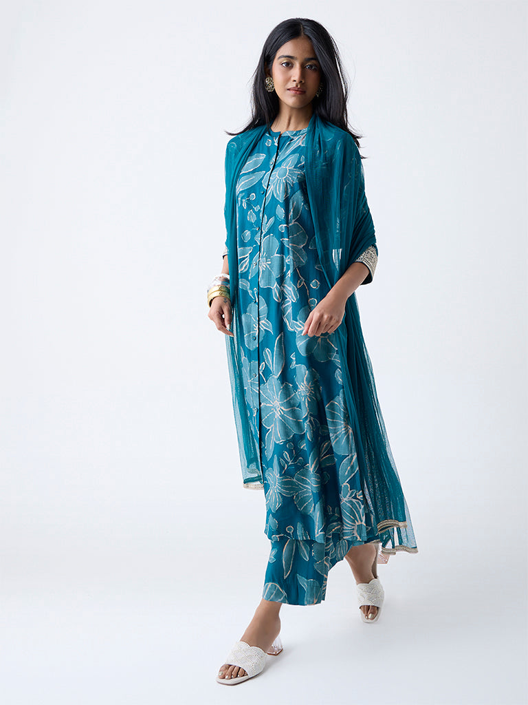 Vark Teal Floral Pattern A-Line Ethnic Set