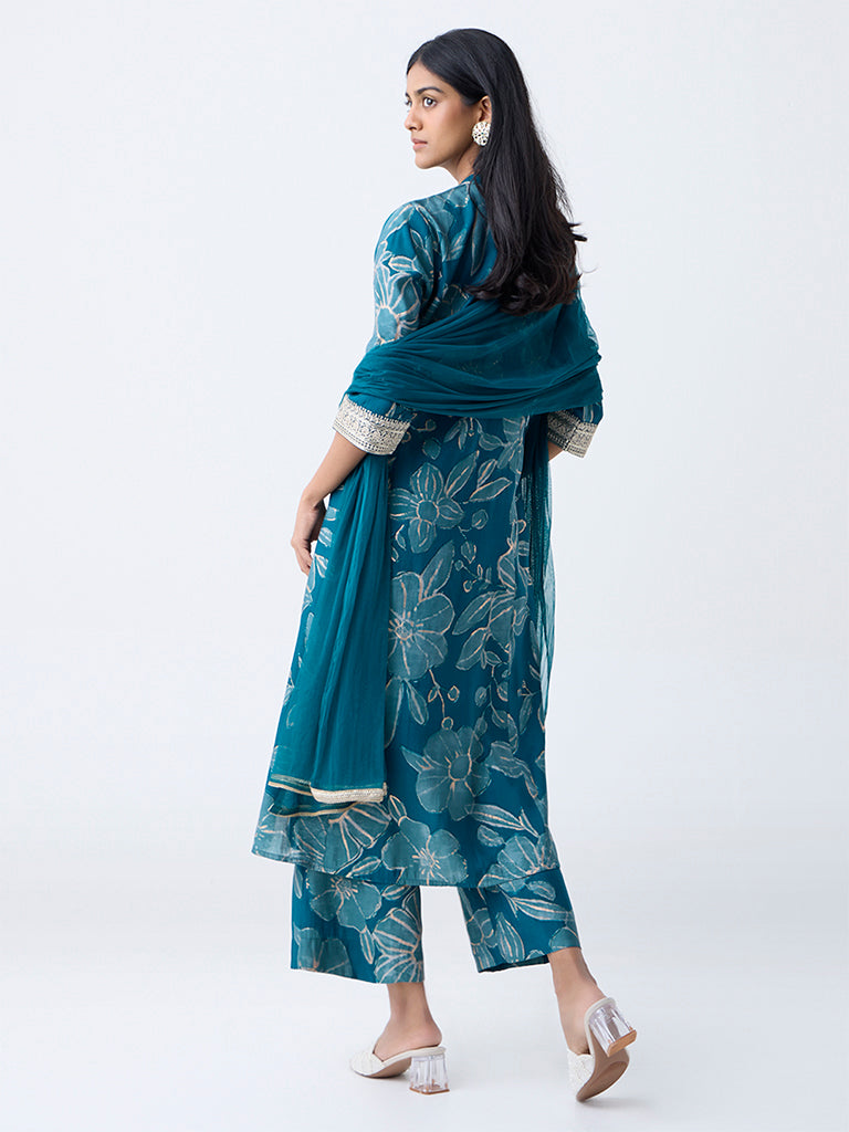 Vark Teal Floral Pattern A-Line Ethnic Set