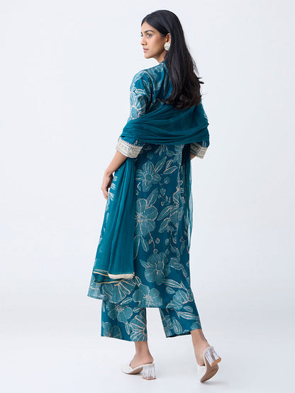 Vark Teal Floral Pattern A-Line Ethnic Set