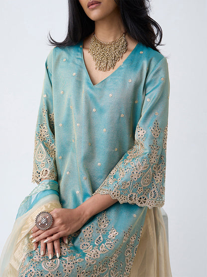 Vark Teal Zari Embroidered A-Line Ethnic Set